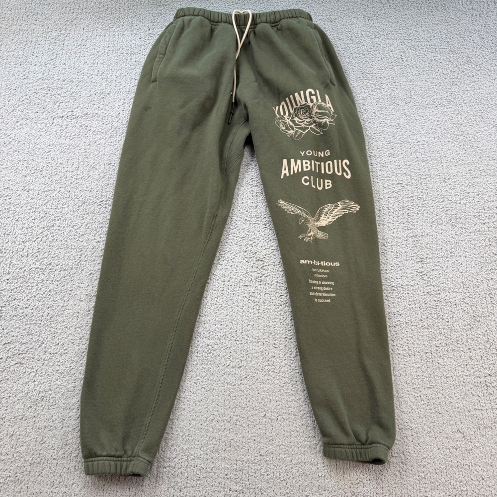 YoungLA Mens Ambitious Club Sweatpants Olive Green Graphic Joggers M YLA2853